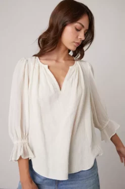 Velvet By Graham & Spencer DITA COTTON GAUZE PEASANT TOP Womens