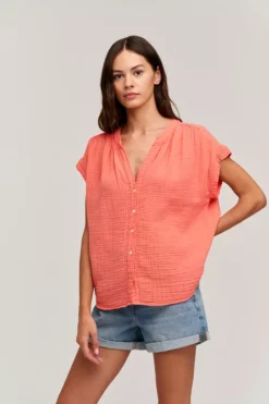 Velvet By Graham & Spencer Womens PAMELA COTTON GAUZE BUTTON-UP TOP