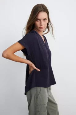 Velvet By Graham & Spencer Womens CARAH COTTON CONTRAST BLOUSE