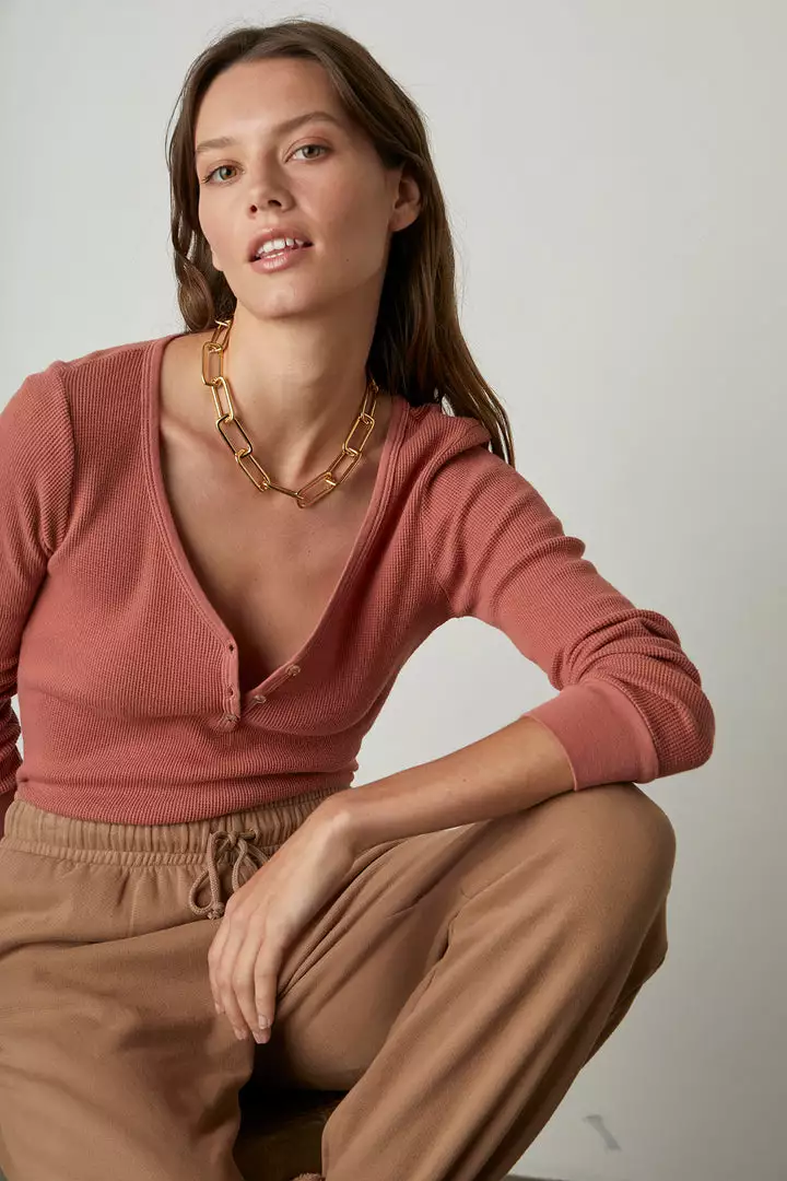 Velvet By Graham & Spencer Womens HILARY COTTON THERMAL HENLEY 1 Velvet By Graham & Spencer Womens HILARY COTTON THERMAL HENLEY