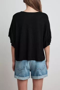 Velvet By Graham & Spencer DORIANA LINEN KNIT RUFFLE SLEEVE TEE Womens