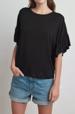 Velvet By Graham & Spencer DORIANA LINEN KNIT RUFFLE SLEEVE TEE Womens