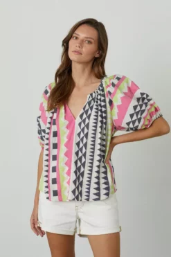 Velvet By Graham & Spencer MARIE NEON JACQUARD BOHO TOP Womens