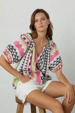 Velvet By Graham & Spencer MARIE NEON JACQUARD BOHO TOP Womens