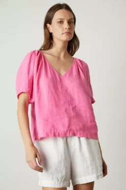 Velvet By Graham & Spencer Womens CALLIN PUFF SLEEVE LINEN TOP