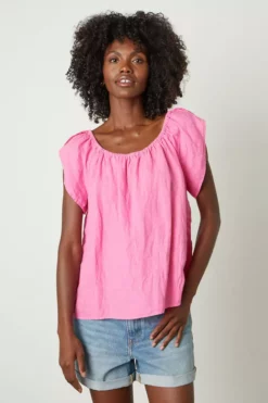 Velvet By Graham & Spencer CEILA LINEN FLUTTER SLEEVE BLOUSE