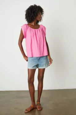 Velvet By Graham & Spencer CEILA LINEN FLUTTER SLEEVE BLOUSE