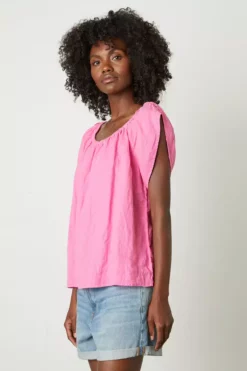 Velvet By Graham & Spencer CEILA LINEN FLUTTER SLEEVE BLOUSE