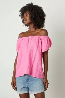 Velvet By Graham & Spencer CEILA LINEN FLUTTER SLEEVE BLOUSE