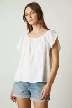 Velvet By Graham & Spencer CEILA LINEN FLUTTER SLEEVE BLOUSE