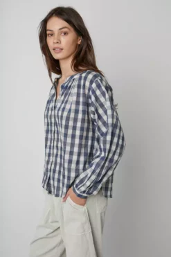 Velvet By Graham & Spencer SHIREEN PRINTED GINGHAM BUTTON-UP BLOUSE