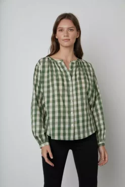 Velvet By Graham & Spencer SHIREEN PRINTED GINGHAM BUTTON-UP BLOUSE