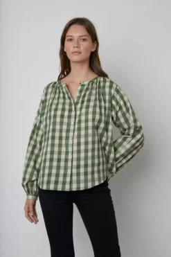 Velvet By Graham & Spencer SHIREEN PRINTED GINGHAM BUTTON-UP BLOUSE