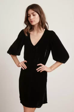 Velvet By Graham & Spencer Womens CARISSA SILK VELVET PUFF SLEEVE DRESS