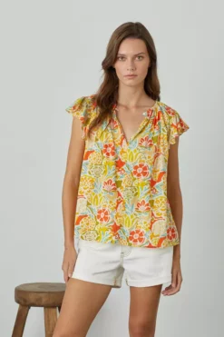 Velvet By Graham & Spencer CANDACE RUFFLE SLEEVE PRINTED TOP Womens 18 Velvet By Graham & Spencer CANDACE RUFFLE SLEEVE PRINTED TOP Womens