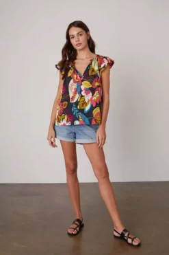 Velvet By Graham & Spencer CANDACE RUFFLE SLEEVE PRINTED TOP Womens 16 Velvet By Graham & Spencer CANDACE RUFFLE SLEEVE PRINTED TOP Womens