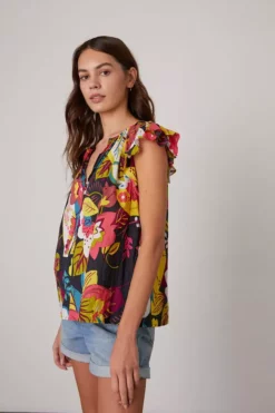 Velvet By Graham & Spencer CANDACE RUFFLE SLEEVE PRINTED TOP Womens 14 Velvet By Graham & Spencer CANDACE RUFFLE SLEEVE PRINTED TOP Womens