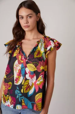 Velvet By Graham & Spencer CANDACE RUFFLE SLEEVE PRINTED TOP Womens