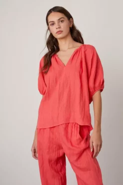 Velvet By Graham & Spencer JANINE PUFF SLEEVE LINEN TOP Womens