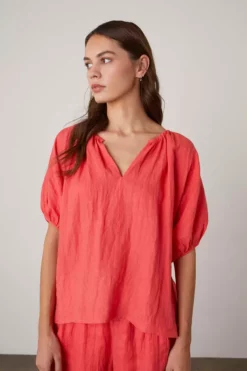 Velvet By Graham & Spencer JANINE PUFF SLEEVE LINEN TOP Womens