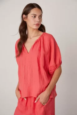 Velvet By Graham & Spencer JANINE PUFF SLEEVE LINEN TOP Womens