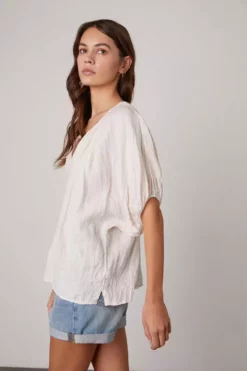 Velvet By Graham & Spencer JANINE PUFF SLEEVE LINEN TOP Womens