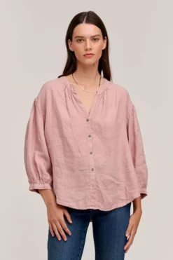 Velvet By Graham & Spencer Womens MATEA LINEN BUTTON UP BLOUSE
