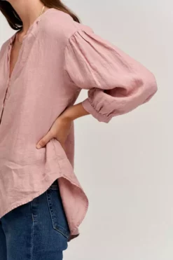 Velvet By Graham & Spencer Womens MATEA LINEN BUTTON UP BLOUSE